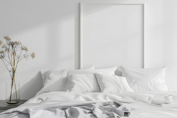 Clean, white bedroom scene with blank wall or blank frame. Generative Ai.