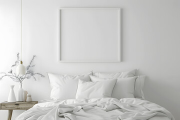 Clean, white bedroom scene with blank wall or blank frame. Generative Ai.