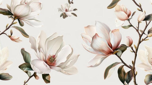 Watercolor illustration of peony and manolia pink flowers,