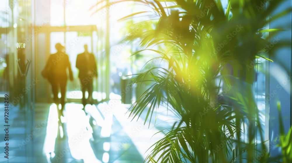 Wall mural blurred background of people walking in a modern office building with green trees and sunlight , eco