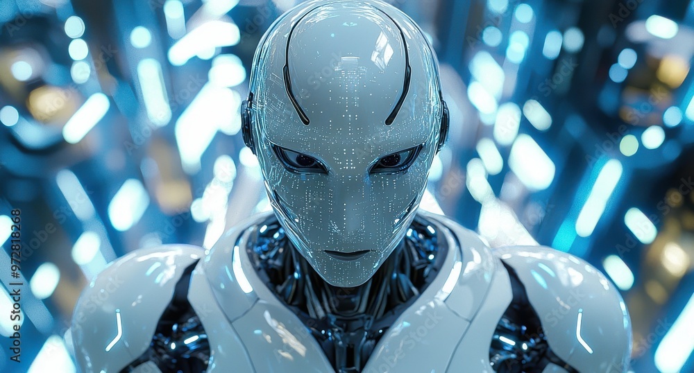 Poster futuristic humanoid robot with sleek design looking at the camera in a high-tech environment filled 