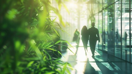 Blurred background of people walking in a modern office building with green trees and sunlight , eco friendly and ecological responsible business concept image with copy space