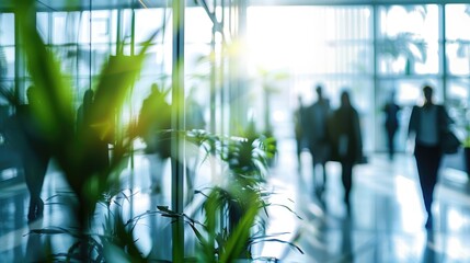 Blurred background of people walking in a modern office building with green trees and sunlight , eco friendly and ecological responsible business concept image with copy space