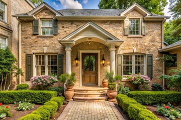 Warm beige brick exterior of a charming residential home with traditional architecture, adorned with lush greenery,
