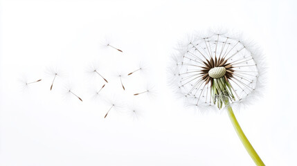 A dandelion with seeds blowing in the wind, symbolizing letting go, change, and growth, isolated on a white background