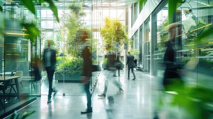 Blurred background of people walking in a modern office building with green trees and sunlight , eco friendly and ecological responsible business concept image with copy space