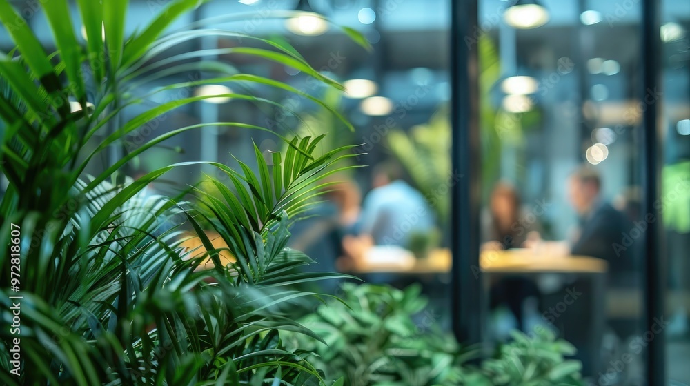 Wall mural blurred background of people walking in a modern office building with green trees and sunlight , eco