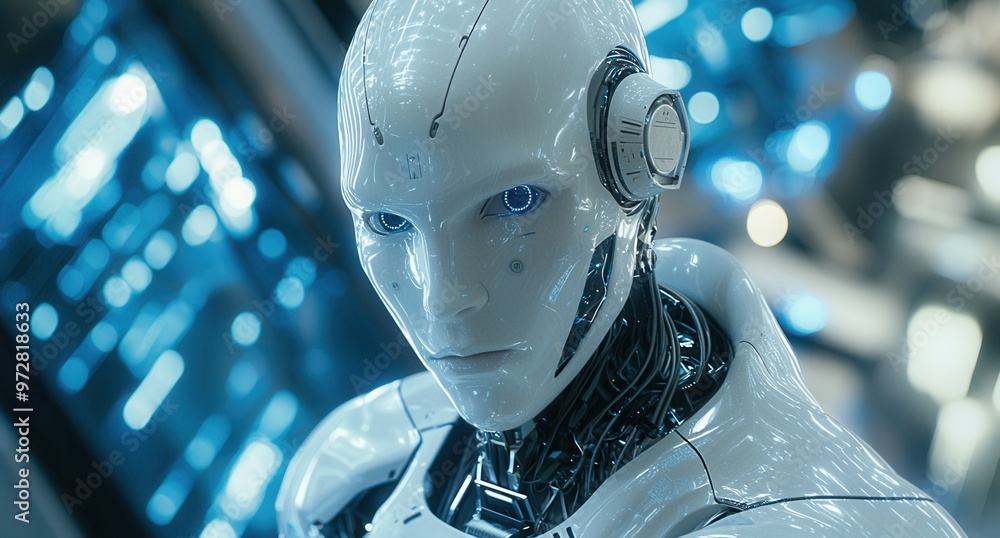 Aufkleber futuristic humanoid robot with detailed features gazing at the camera in an advanced technological e