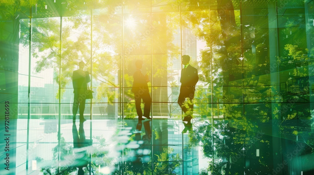 Wall mural blurred background of people walking in a modern office building with green trees and sunlight , eco