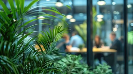 Blurred background of people walking in a modern office building with green trees and sunlight , eco friendly and ecological responsible business concept image with copy space