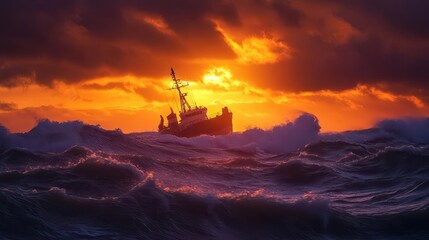 dramatic sunset over a turbulent ocean with silhouetted ship battling towering waves fiery orange and deep purple sky reflected in churning waters creating an atmosphere of awe and peril