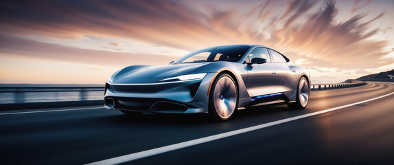 Obraz premium Futuristic Electric Vehicle Driving on Coastal Highway at Sunset