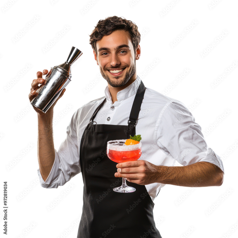 Wall mural A bartender holding a cocktail shaker, smiling and pouring a drink. isolated on transparency background