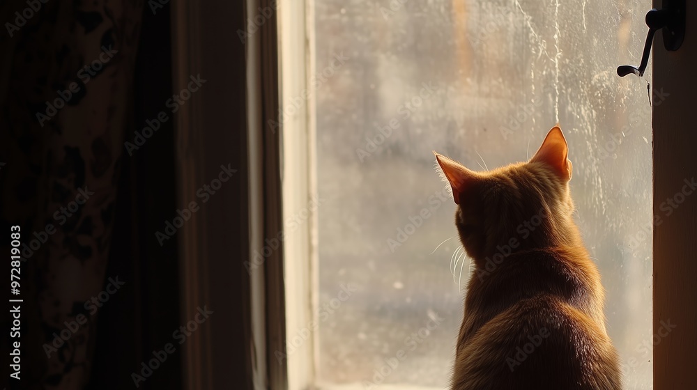 Poster a ginger cat gazing out of a window in soft afternoon light, capturing a moment of tranquility and c