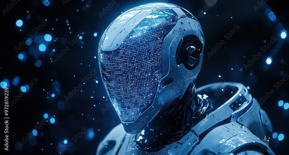 Poster futuristic robot with a holographic interface looks directly at the camera in a digital blue environ