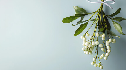 A beautiful mistletoe arrangement with green leaves and white berries, perfect for holiday decorations and romantic settings.