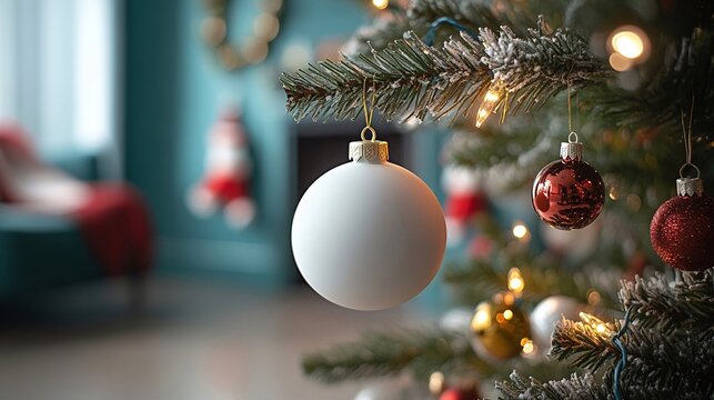 Mockup di ornamento in ceramica bianco vuoto appeso ad un albero di Natale colorato decorato