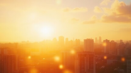 Fototapeta premium dreamy cityscape silhouette at golden hour warm hazy sky with lens flare rooftop perspective urban heat shimmer nostalgic summer evening ambiance