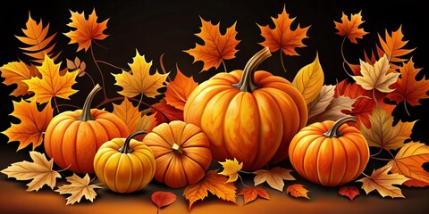 Naklejka premium Autumn leaves and pumpkins Halloween illustrations orange and black