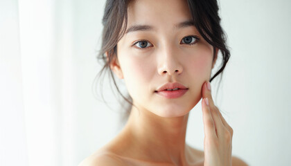 Beauty portrait of a young Asian woman in natural light against a plain white background.






