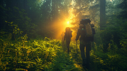 A group of people hiking through a dense forest with sunlight filtering through the trees