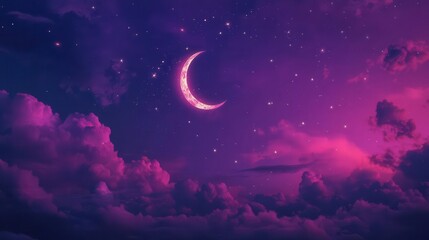 dreamy purple night sky with luminous crescent moon wispy clouds and twinkling stars celestial phone wallpaper
