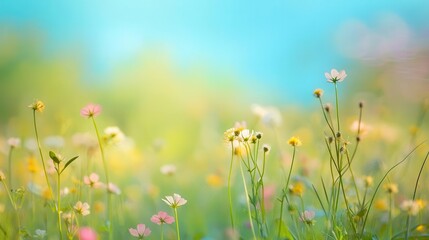dreamy spring meadow with soft focus wildflowers in the foreground a gradient from vibrant blue sky to lush green grass creates a serene natural backdrop