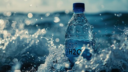 Close up of a water bottle with H2O text on the label, standing in ocean waves with splashes and ripples. A water concept. Shallow depth of field effect creates a bokeh background. 
