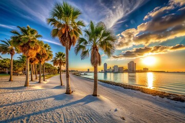 Naklejka premium Warm sunlight casts a golden glow on the tranquil shores of Tampa, Florida, where soft white sand meets