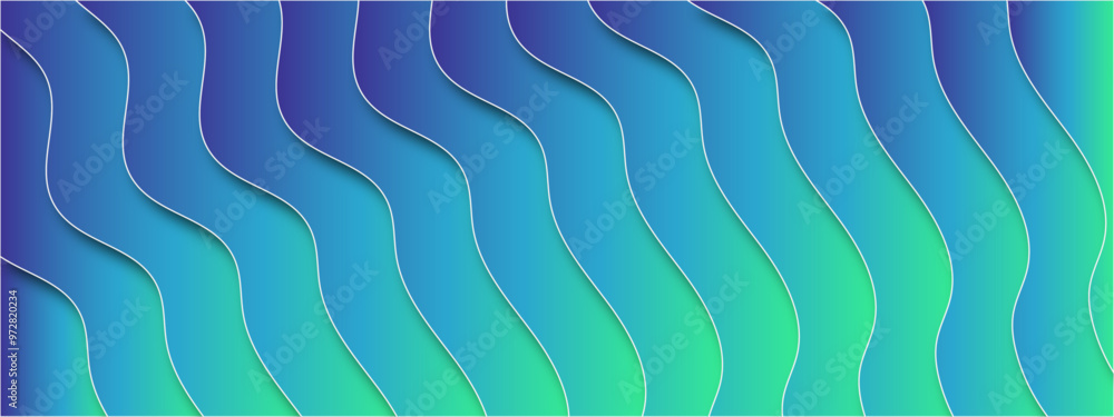 Fototapete wavy abstract paper cut 3d layered design in green gradient. digital light wavey line shape with lux