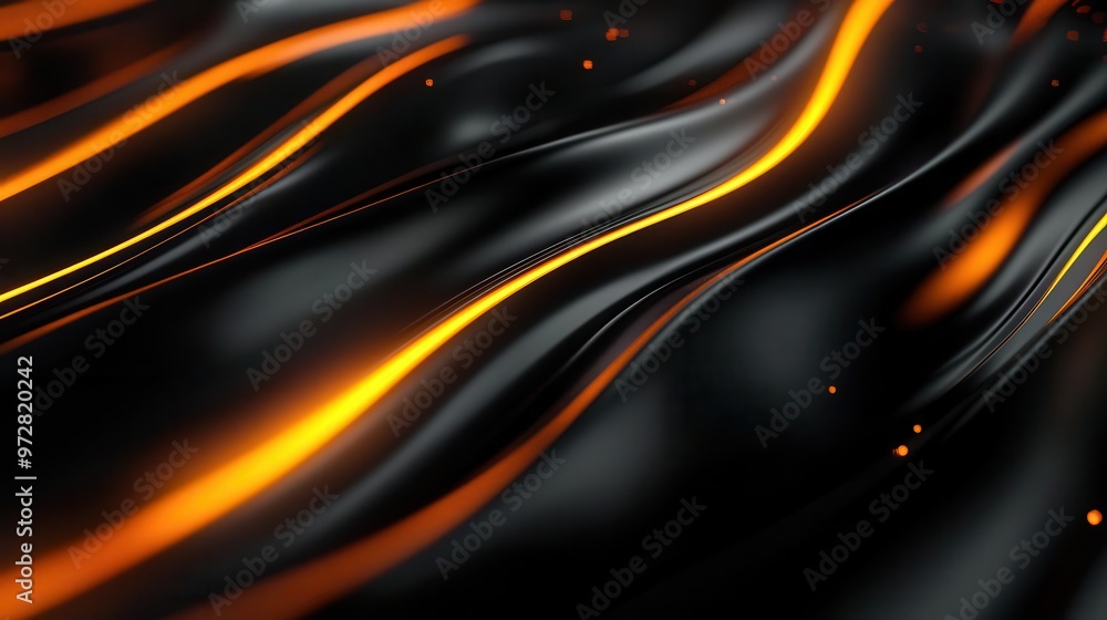 Poster dynamic abstract composition with sleek black forms intersected by vibrant orange and yellow light s