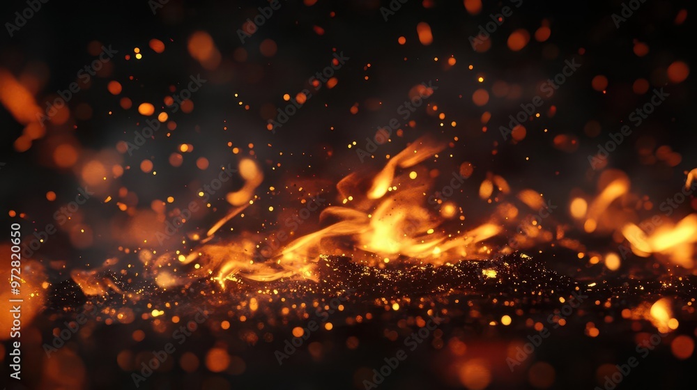 Poster dynamic fire and spark elements on black background varying sizes and intensities from roaring flame