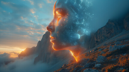 A human face merging with a mountain landscape, symbolizing unity between human and snature
