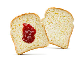 Slices of white bread with strawberry jam spread on white background.