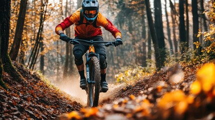 dynamic shot of mountain biker navigating dense forest trail sunlight filtering through leaves rider in vibrant gear leaning into tight turn bike suspension compressing