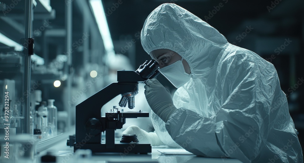 Aufkleber scientist in protective gear examines through microscope in laboratory setting for research and anal