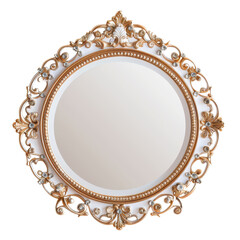 Ornate Gold and White Round Mirror with Diamond Accents