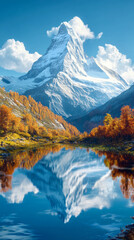 Fototapeta premium A digital painting of a snow-capped mountain reflected perfectly in a still lake, under a clear blue sky with a few fluffy clouds.wallpaper, smartphone, background