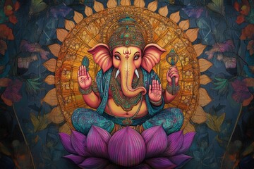 Obraz premium Elegant depiction of Lord Ganesha in vibrant colors with intricate patterns, sitting on a lotus