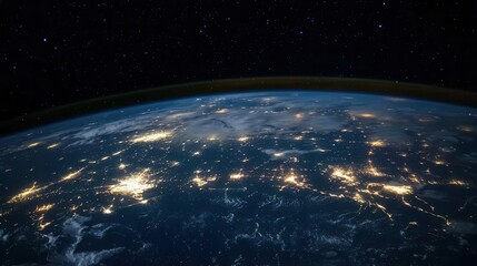 earth viewed from space city lights glowing on nightside wispy clouds stars twinkling in dark cosmos