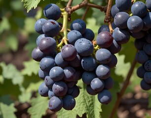 A close up of blue grapes on the vine.