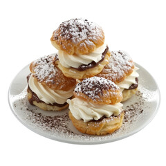 Delicious Cream Puffs with Chocolate and Powdered Sugar on White Plate