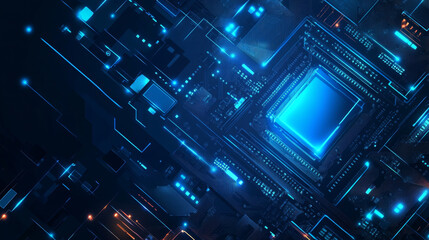 A detailed vector illustration featuring a technology circuit board and processor, highlighting an AI chip or CPU semiconductor. The design incorporates thin circuit lines against a digital background