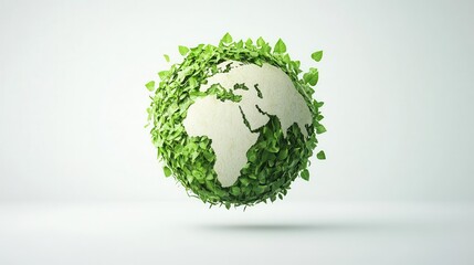 ecofriendly globe icon made of leaves and vines floating above a white background with soft shadows radiating a gentle green glow