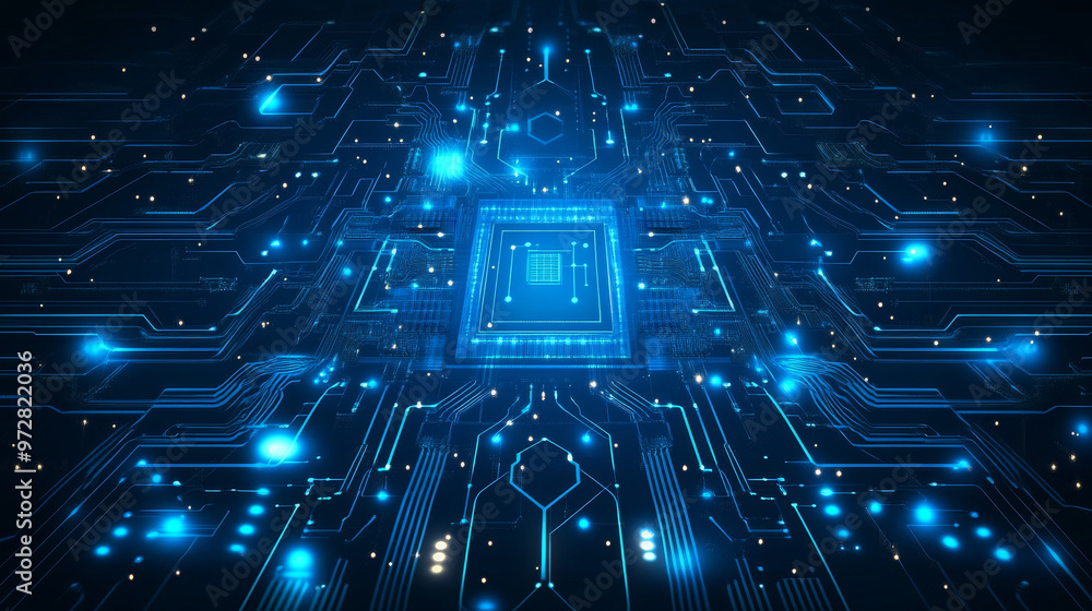 Poster a detailed vector illustration featuring a technology circuit board and processor, highlighting an a