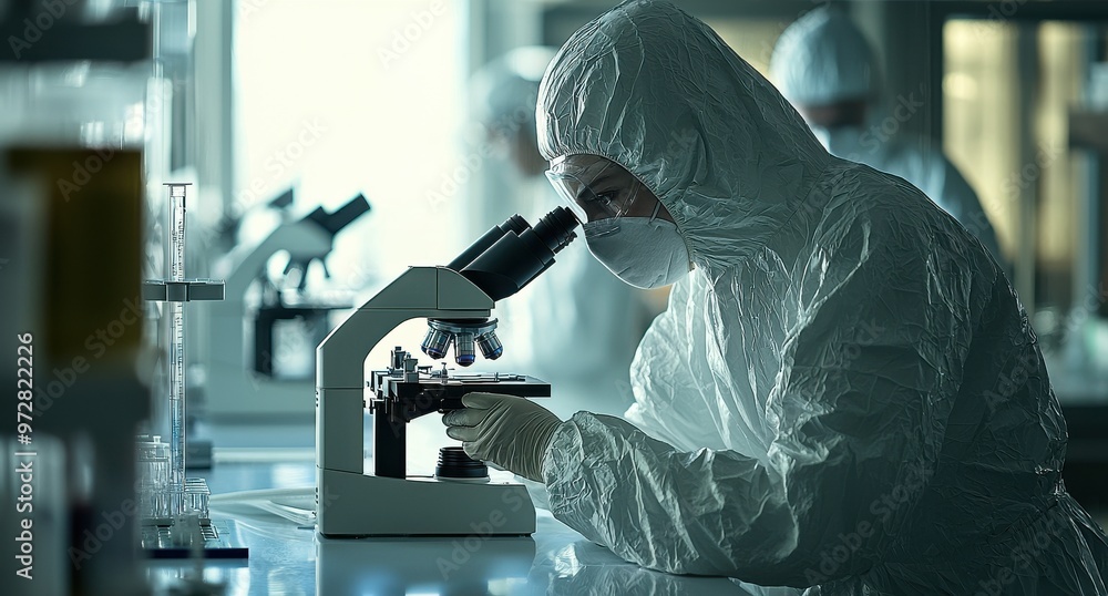 Poster scientist in protective gear examining samples under a microscope in a modern laboratory setting
