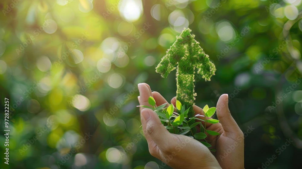 Wall mural Hands holding a green arrow up symbol made of plants over a blurred nature background, a concept for environment protection and World Earth Day, a closeup view