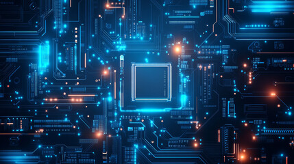 Fototapeta premium A detailed vector illustration featuring a technology circuit board and processor, highlighting an AI chip or CPU semiconductor. The design incorporates thin circuit lines against a digital background