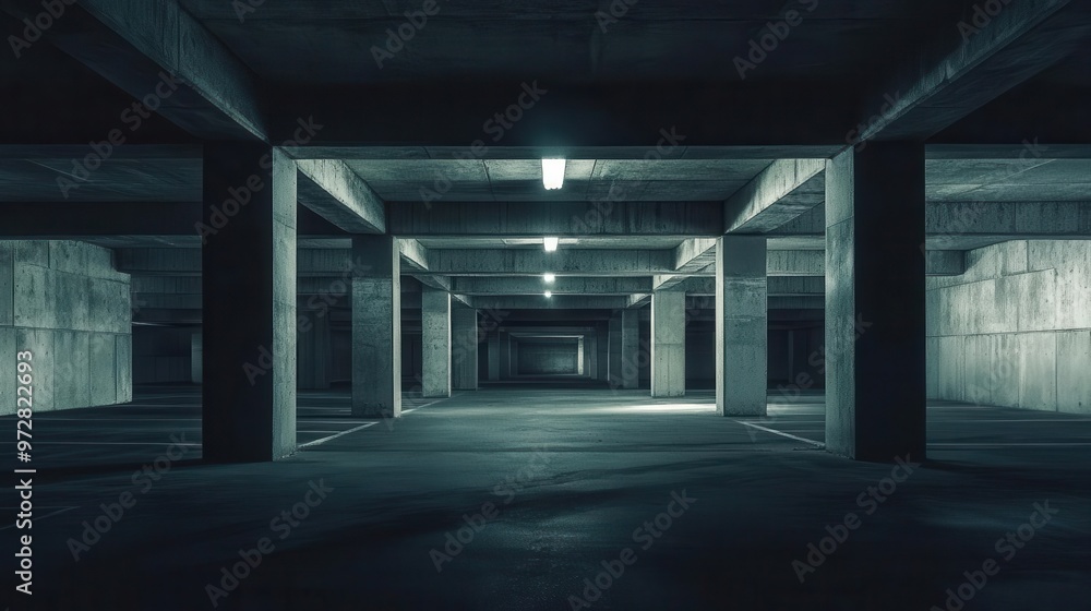 Poster eerie abandoned parking garage dimly lit concrete structure with empty spaces moody atmosphere and l