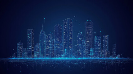 Naklejka premium A futuristic vector illustration of a smart city panorama, designed in a digital polygonal style. The cityscape features tech buildings rendered with low poly wireframe elements, set against a dark bl
